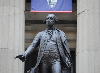 A statue of President George Washington outside of Federal Hall in Manhattan