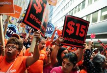 A rally for a $15 minimum hourly wage in New York City in 2015. The city raised its minimum wage to $15 in 2018, while New York State raised its minimum wage to $11.80 in December 2019, and that will increase statewide at the end of 2020 to $12.50