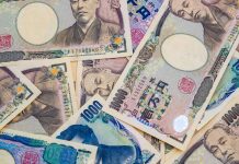 Banknotes of Japanese currency yen background, JPY money