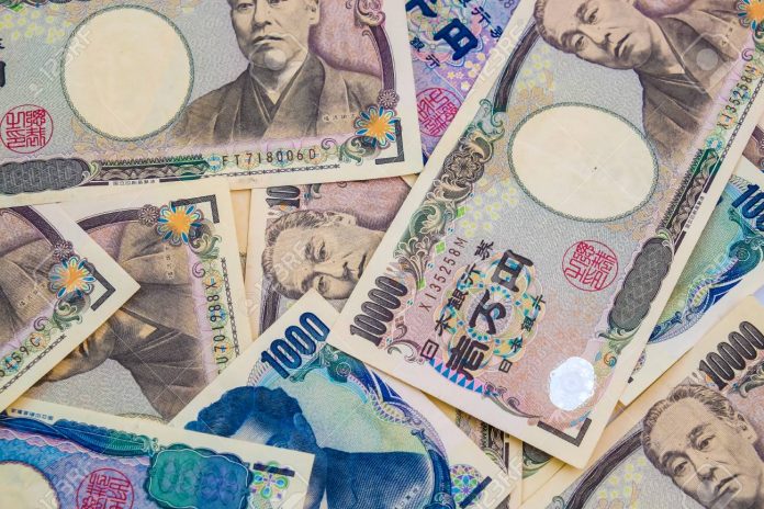 Banknotes of Japanese currency yen background, JPY money