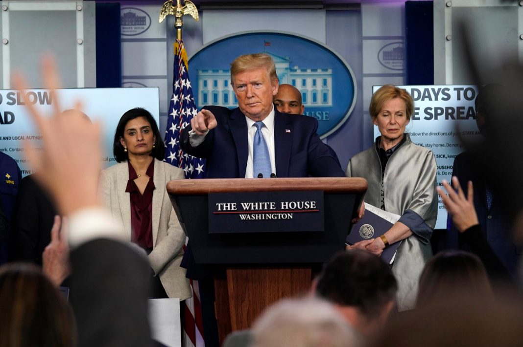 President Donald Trump speaks during a press briefing with the coronavirus task force, in the Brady press briefing room at the White House.