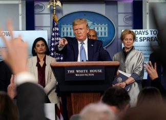 President Donald Trump speaks during a press briefing with the coronavirus task force, in the Brady press briefing room at the White House.