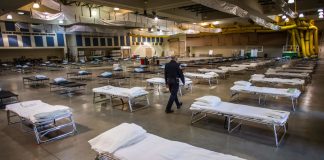 A temporary hospital which is been settled up by members of the California National Guard is seen in Indio, California on March 29, 2020.
