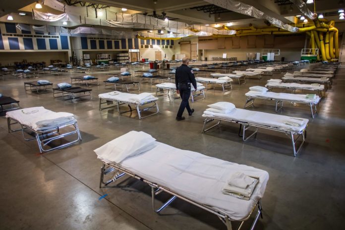 A temporary hospital which is been settled up by members of the California National Guard is seen in Indio, California on March 29, 2020.