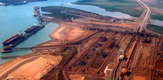 Ships waiting to be loaded with iron ore can be seen at Port Hedland in the Pilbara region of Western Australia