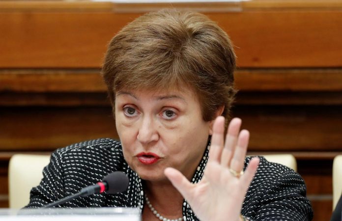 IMF Managing Director Kristalina Georgieva speaks during a conference hosted by the Vatican on economic solidarity, at the Vatican