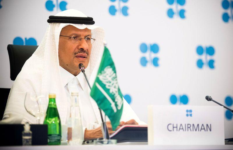 Saudi Arabia's Minister of Energy Prince Abdulaziz bin Salman Al-Saud speaks via video link during a virtual emergency meeting of OPEC and non-OPEC countries, following the outbreak of the coronavirus disease (COVID-19), in Riyadh, Saudi Arabia April 9, 2020. Picture taken