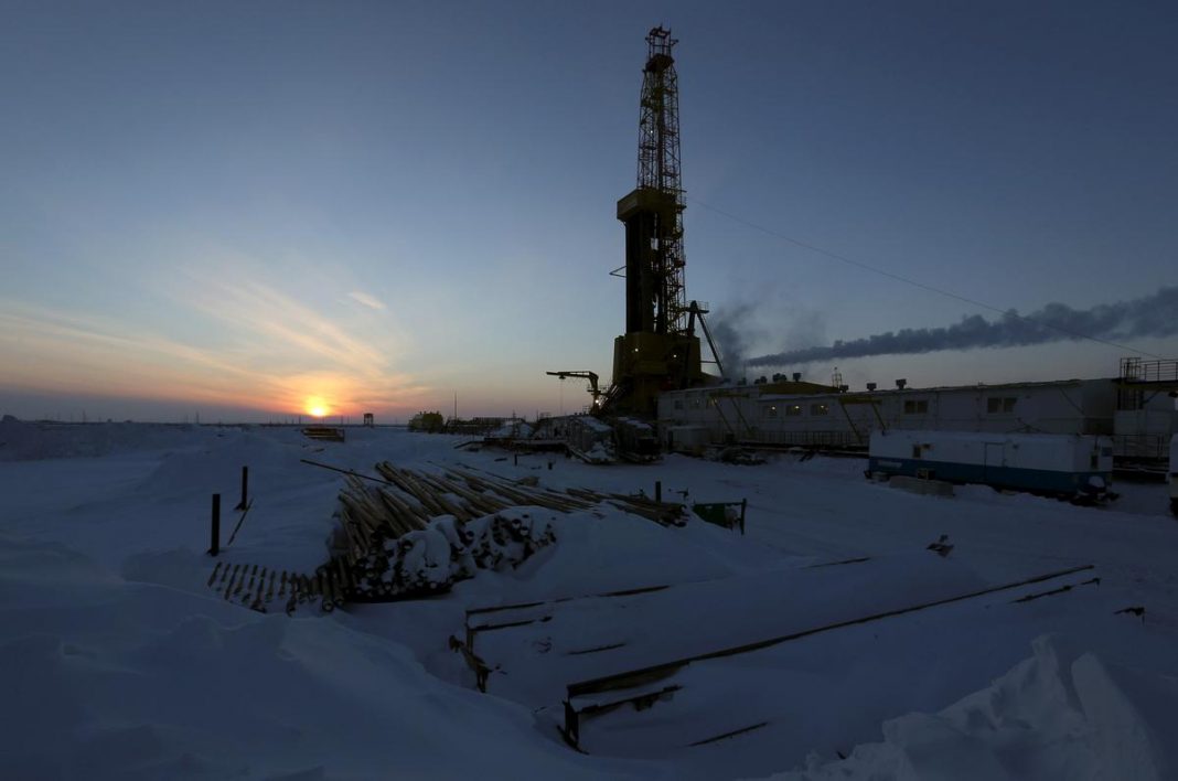 A view shows an oil derrick at Vankorskoye oil field owned by Rosneft company north of the Russian Siberian city of Krasnoyarsk