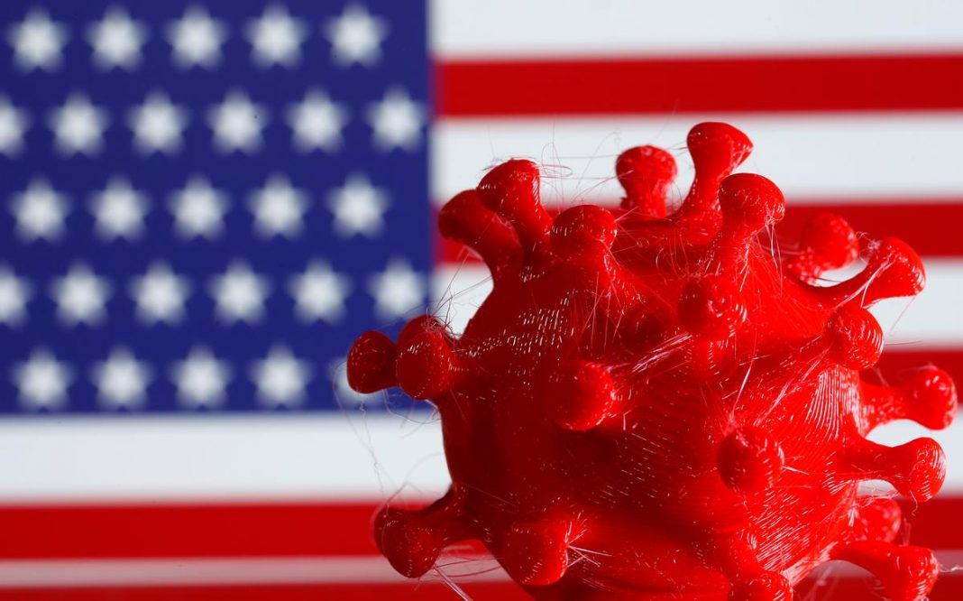 A 3D-printed coronavirus model is seen in front of a U.S. flag on display in this illustration taken March